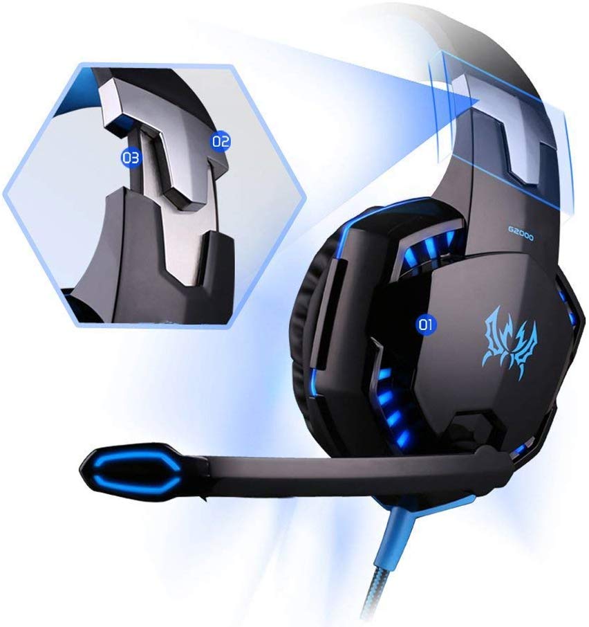 SENHAI G2000 Auriculares Gaming para PS4, PC, Xbox One Controller, Auriculares con micrófono Que Cancela el Ruido sobre el oído, luz LED, Auriculares envolventes Bajos-Negro + Azul