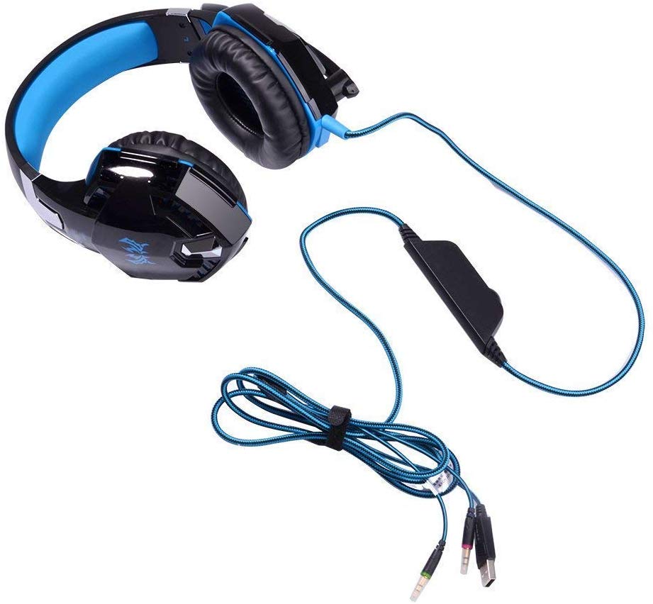 SENHAI G2000 Auriculares Gaming para PS4, PC, Xbox One Controller, Auriculares con micrófono Que Cancela el Ruido sobre el oído, luz LED, Auriculares envolventes Bajos-Negro + Azul