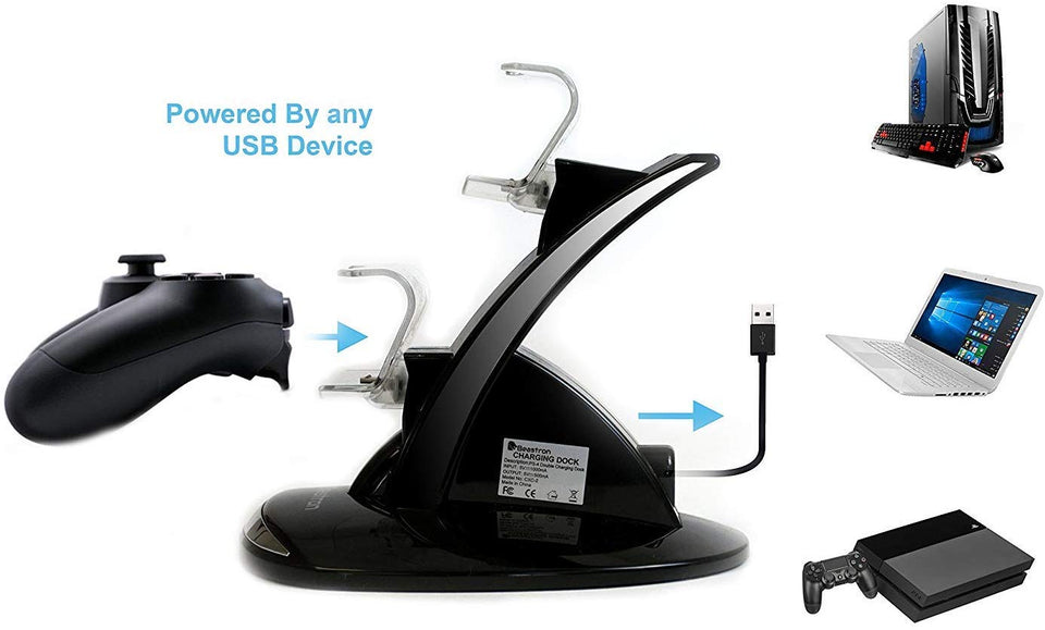 Cargador Mandos PS4,Estación de Carga Doble Cargador Base de Carga Cargador Doble Mando para PS4 Estación de Carga Rápida Dual USB Cargador USB con Soporte Indicador del LED para Mandos de Sony PS4 (Negro+Azul)