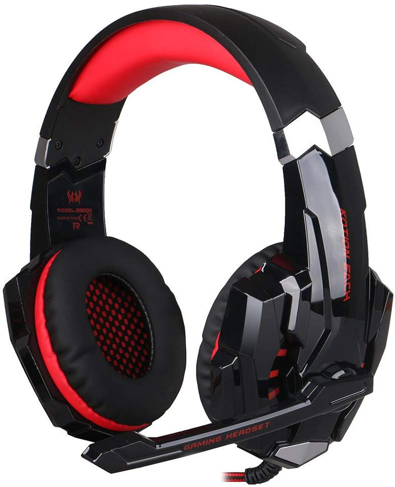AFUNTA Auriculares Gaming para PS4, PC, Xbox One Controller, Auriculares con micrófono Que Cancela el Ruido sobre el oído, luz LED, Auriculares envolventes Bajos-Negro + Rojo
