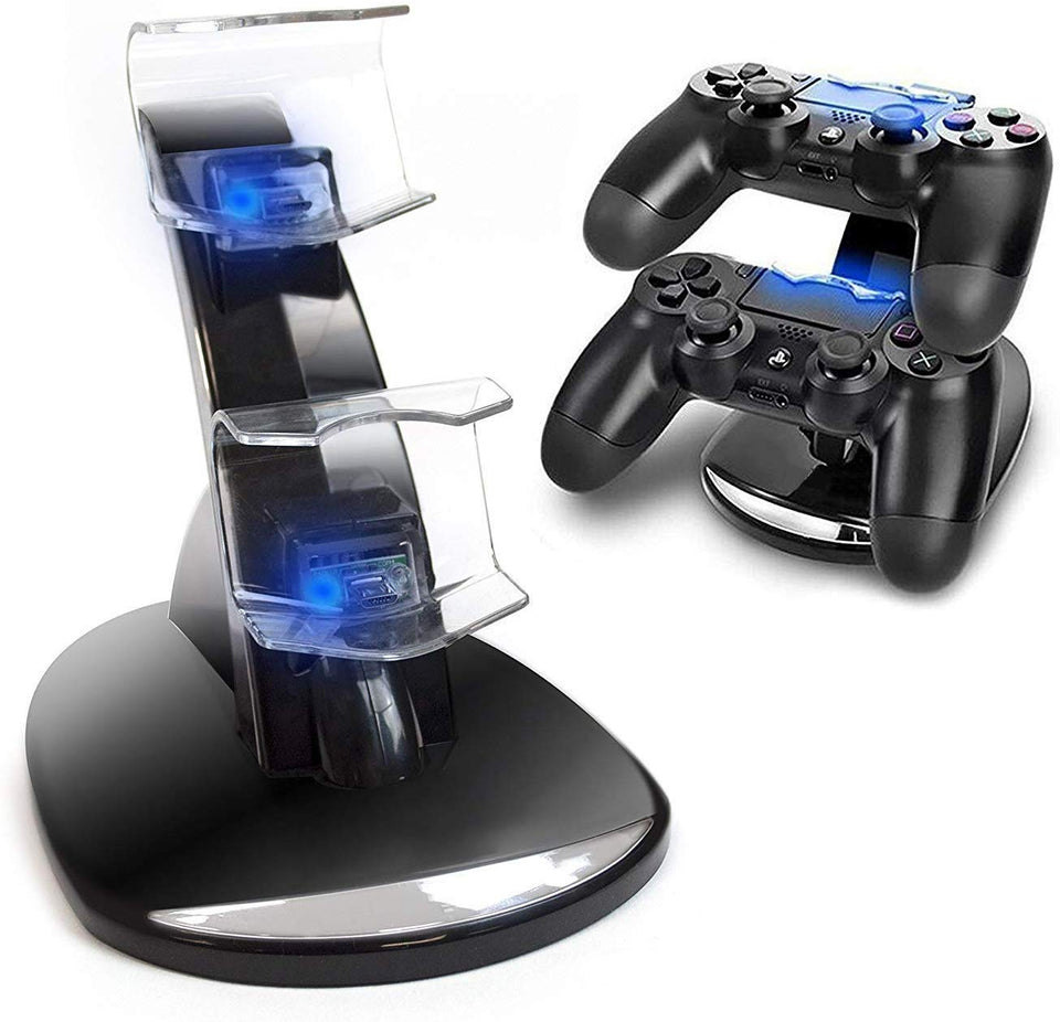 Cargador Mandos PS4,Estación de Carga Doble Cargador Base de Carga Cargador Doble Mando para PS4 Estación de Carga Rápida Dual USB Cargador USB con Soporte Indicador del LED para Mandos de Sony PS4 (Negro+Azul)