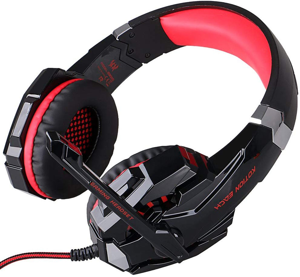 AFUNTA Auriculares Gaming para PS4, PC, Xbox One Controller, Auriculares con micrófono Que Cancela el Ruido sobre el oído, luz LED, Auriculares envolventes Bajos-Negro + Rojo