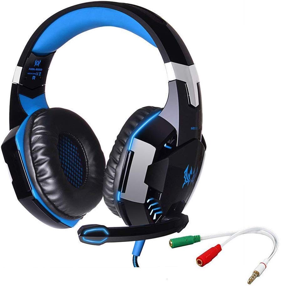 SENHAI G2000 Auriculares Gaming para PS4, PC, Xbox One Controller, Auriculares con micrófono Que Cancela el Ruido sobre el oído, luz LED, Auriculares envolventes Bajos-Negro + Azul