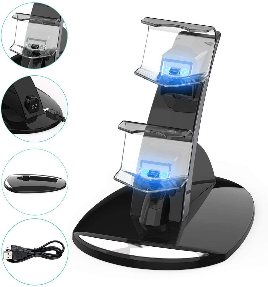 Cargador Mandos PS4,Estación de Carga Doble Cargador Base de Carga Cargador Doble Mando para PS4 Estación de Carga Rápida Dual USB Cargador USB con Soporte Indicador del LED para Mandos de Sony PS4 (Negro+Azul)
